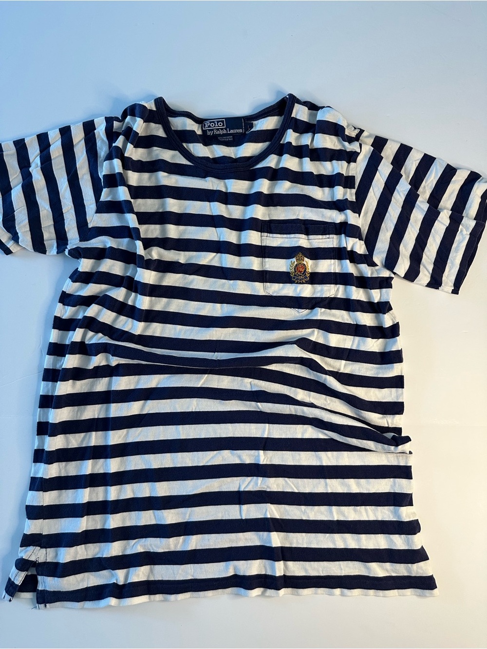 Polo Ralph Lauren VTG Women’s Navy White Striped T Shirt with Crest Logo Size L